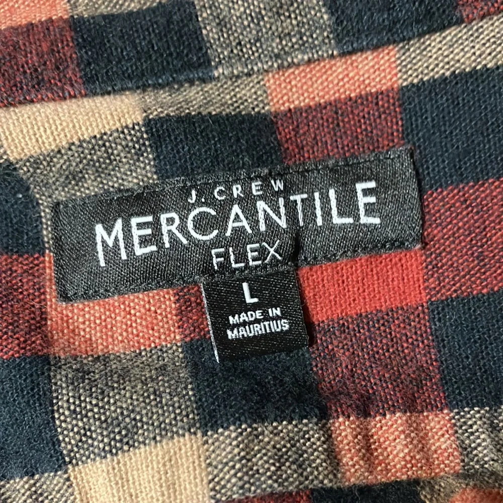 J. Crew Merchantile Flex L Rugged Suede Elbow Patch Plaid Tan Navy Rust Shirt